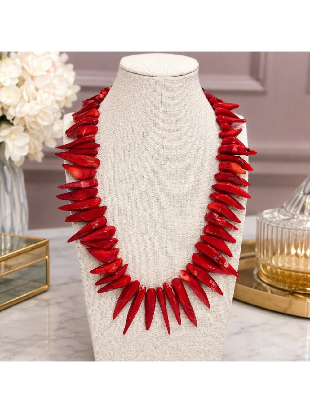 Red Coral Spike Necklace With Sterling Silver Toggle Closure By Gardenia